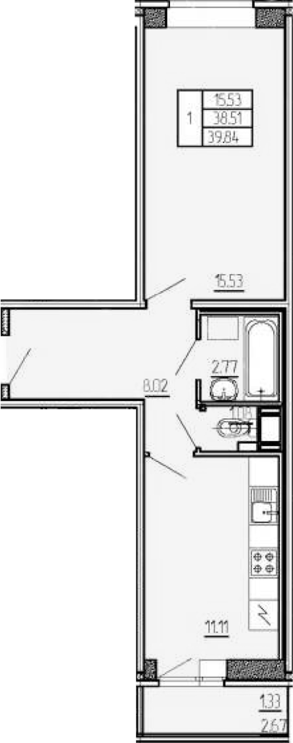 1-комнатная квартира 39.84 м², 4/17 эт., ЖК «Стороны Света»